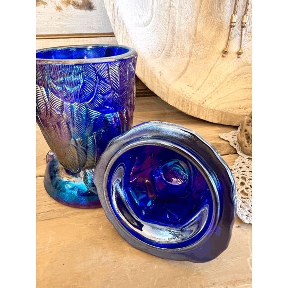 Vintage Owl Toby Jar Cobalt Blue Carnival Glass Imperial Glass Mould by Mosser G - Picture 3 of 7